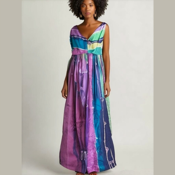 Vintage Dresses & Skirts - Vintage 70s Silk Batik Maxi Dress Blue And Purple size small Wedding Guest Party
